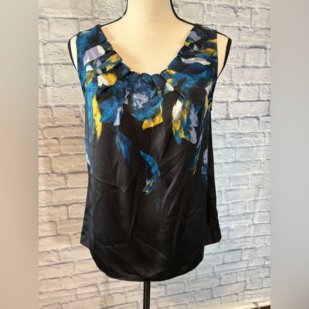 Ann Taylor Black Top with Blue and Yellow Accents